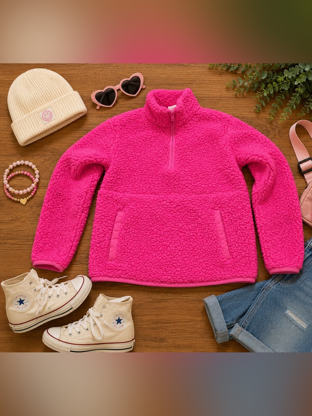 Wondershop Girls L 10/12 Hot Pink Sherpa Fleece Half Zip Pullover